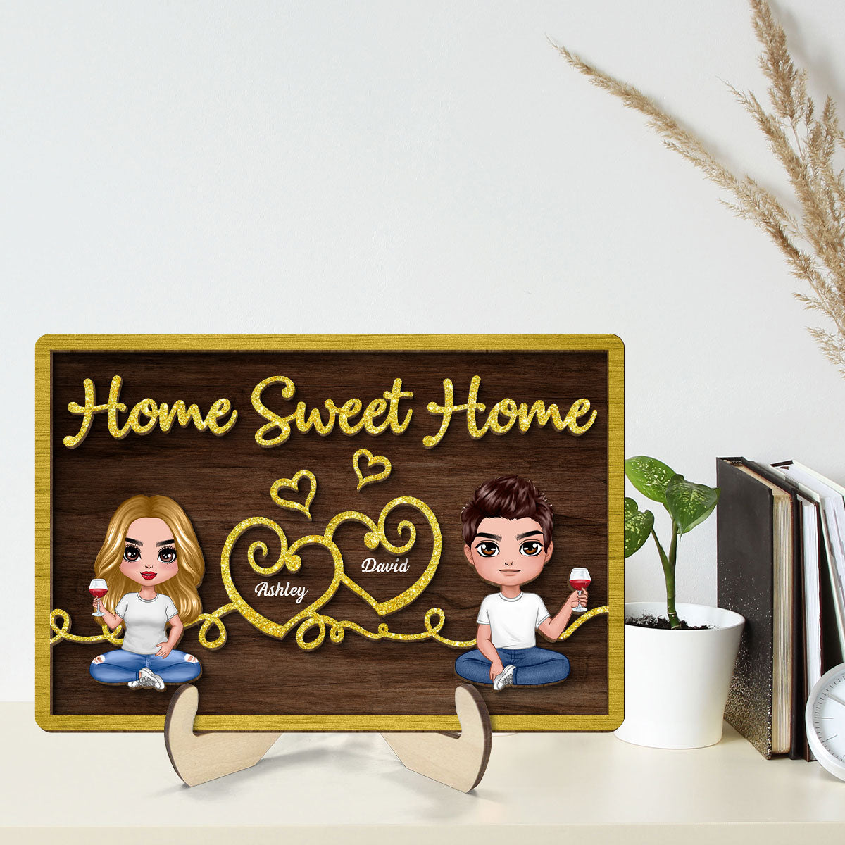 Doll Couple Sitting Home Sweet Home Valentine‘s Day Gift For Him For Her Personalized 2-Layer Wooden Plaque