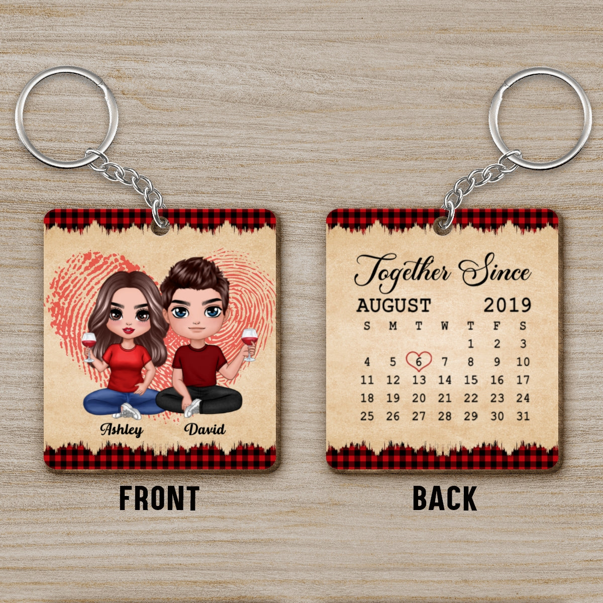 Fingerprint Doll Couple Sitting Checkered Pattern Calendar Anniversary Date Vintage Personalized Wooden Keychain
