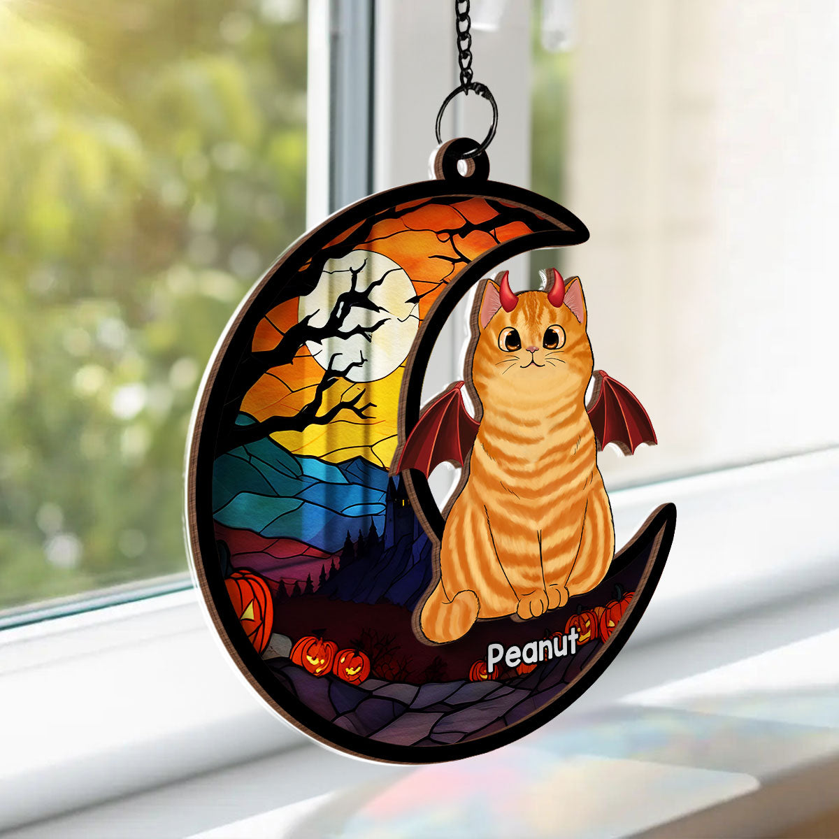 Halloween Cat On Moon Personalized Suncatcher, Halloween Decoration