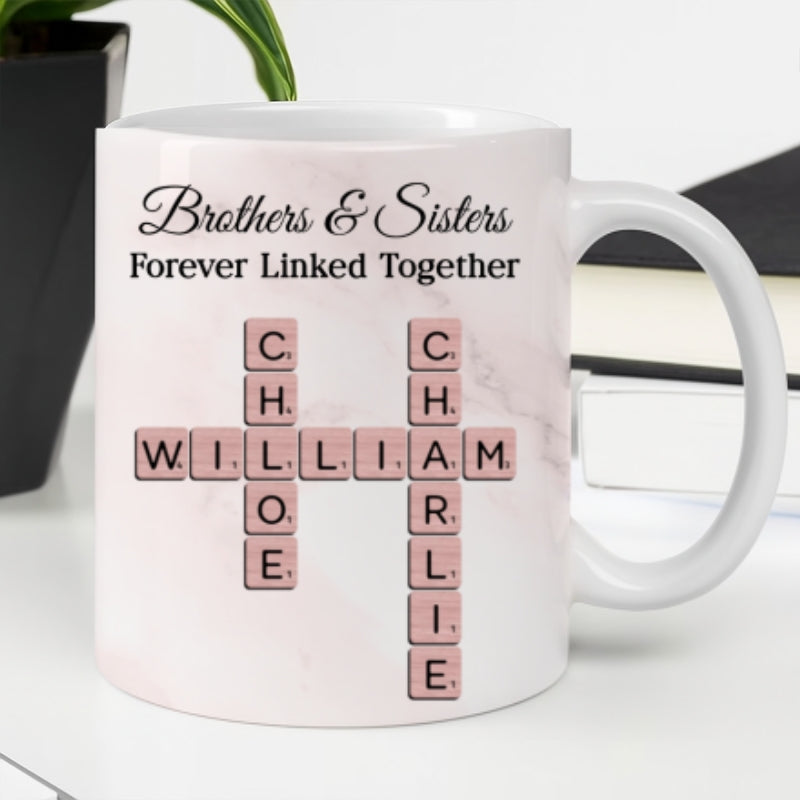 Brothers Sisters Forever Linked Together Crossword - Personalized Mug - Sentimental Gift for Siblings