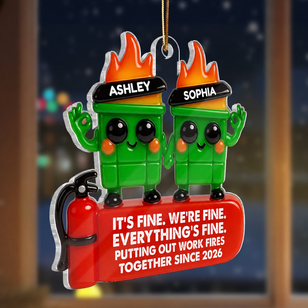 Colleagues Putting Out Work Fire Together 3D Effect - Personalized Acrylic Ornament - Funny Humor Christmas Gift for Coworkers, Colleagues
