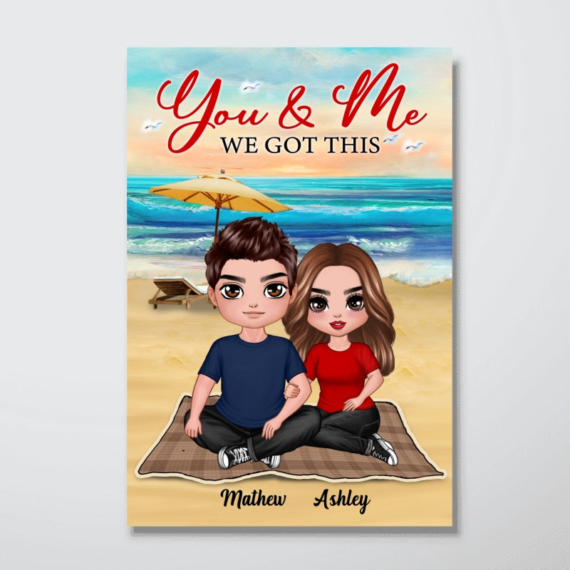 Embracing Doll Couple Sitting At Beach Personalized Vertical Poster - Gift For Gim Gift For Her