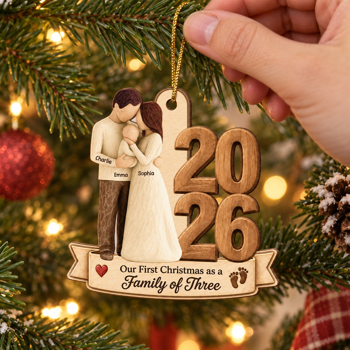 Our First Christmas As Family Of Three Custom Year 2D Flat Printed - Personalized Wooden Ornament - Christmas Tree Keepsake For New Parents