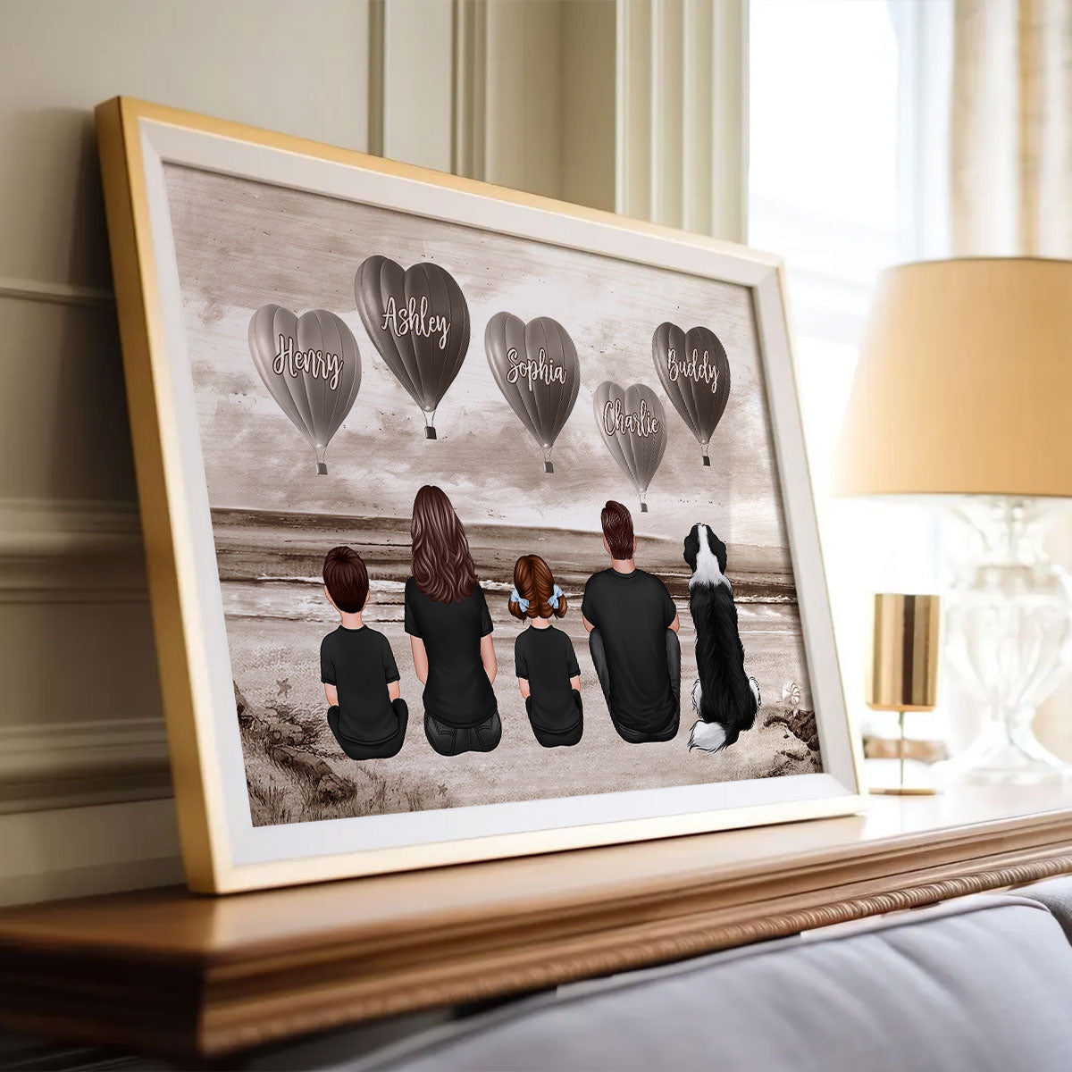 Personalized Family Sitting Back View Heart Air Balloons At Beach Poster, Gift for Family, Dad, Mom, Wife, Husband