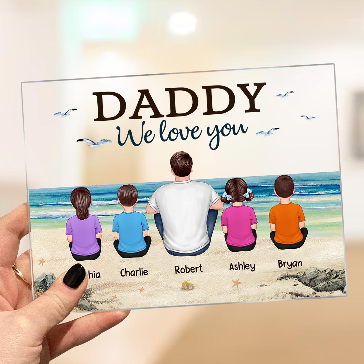 Beach Landscape Dad Grandpa We Love You Back View Dad And Kids Dogs Cats Sitting Personalized Acrylic Plaque
