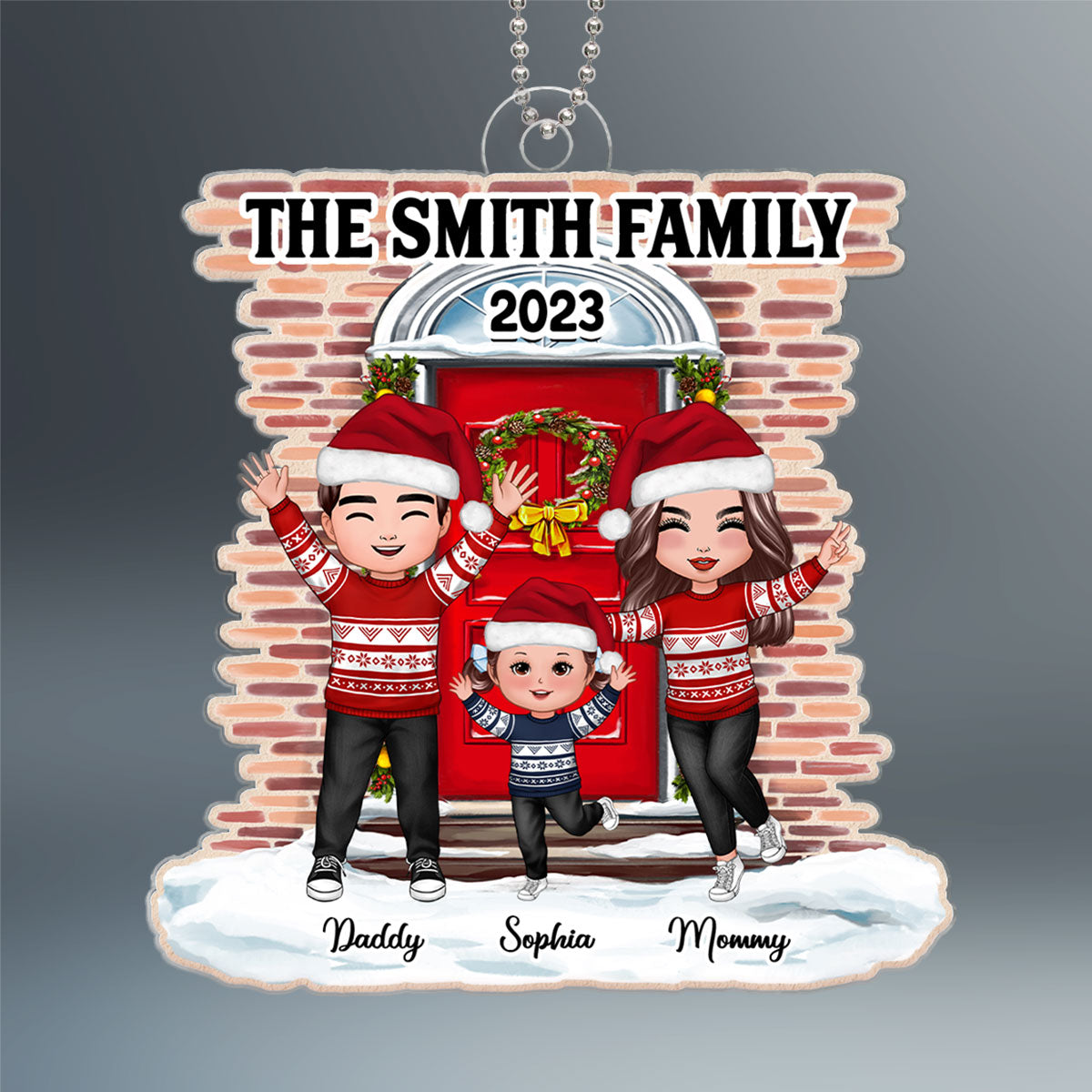 Happy Doll Family Standing Front Door Christmas Gift Personalized Acrylic Ornament