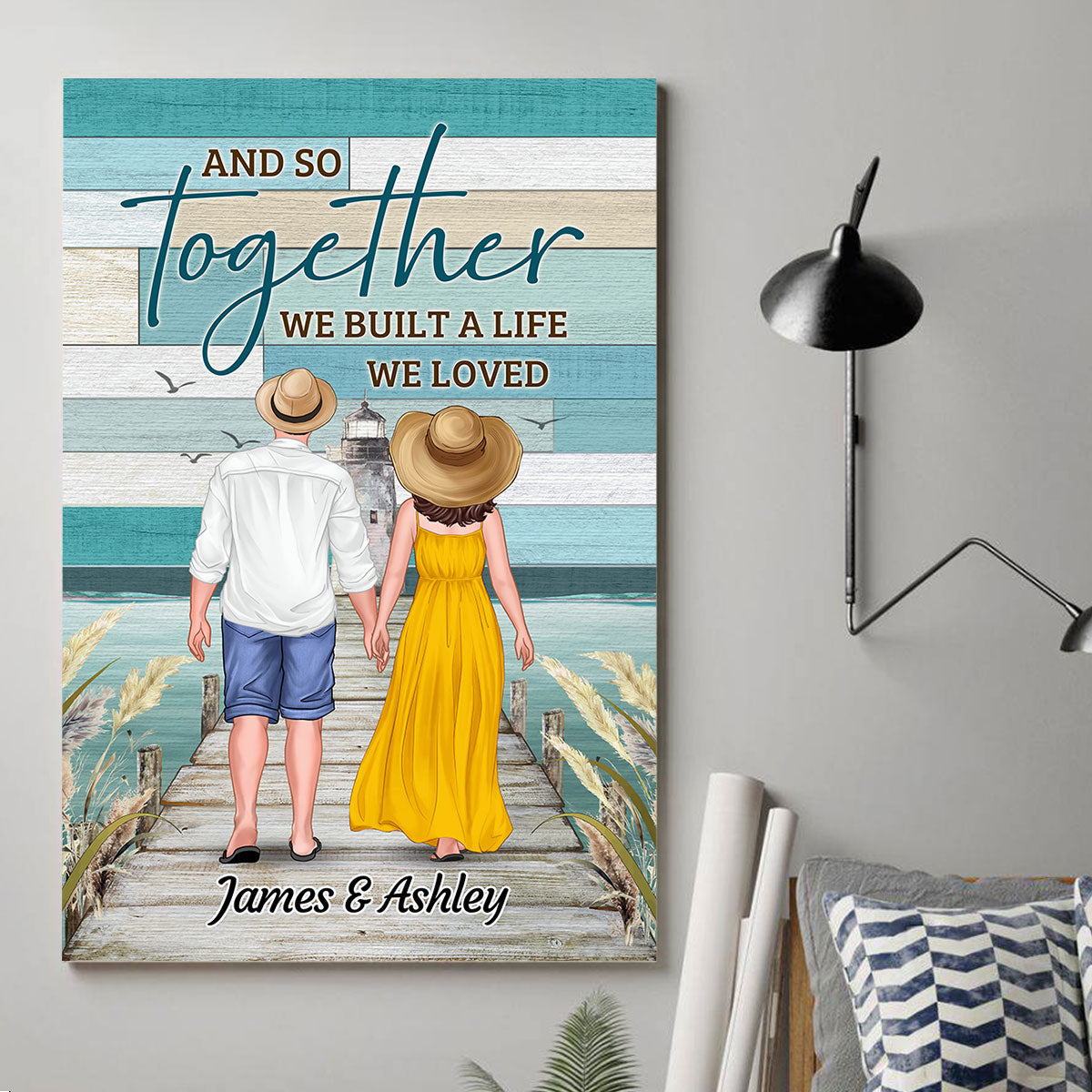 Green Color Palette Back View Couple Holding Hands Walking On The Bridge Personalized Vertical Poster