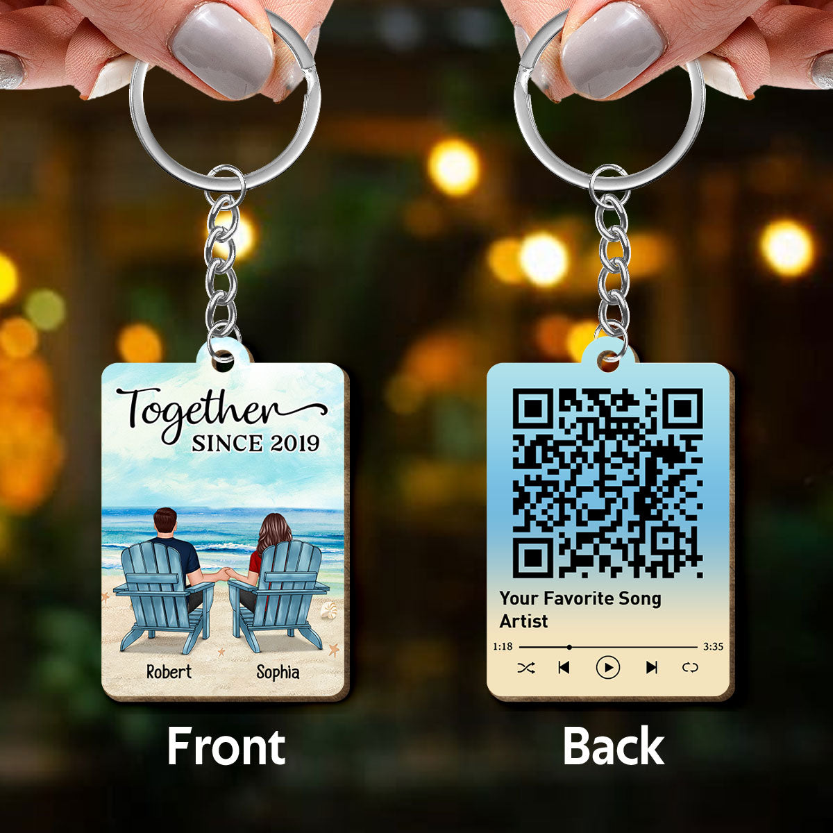 Couple Back View Sitting At Beach Favorite Song Scannable QR Code Personalized Wooden Keychain