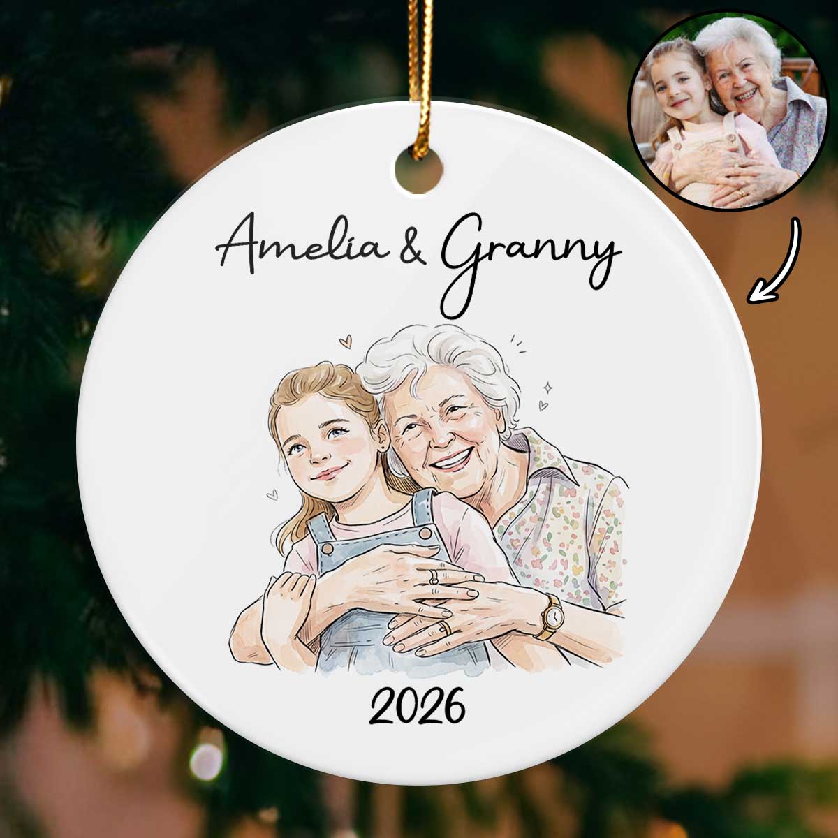 Custom Photo Grandma Grandkid Watercolor Style - Personalized Ceramic Ornament - Christmas Gift For Grandkids, Grandma