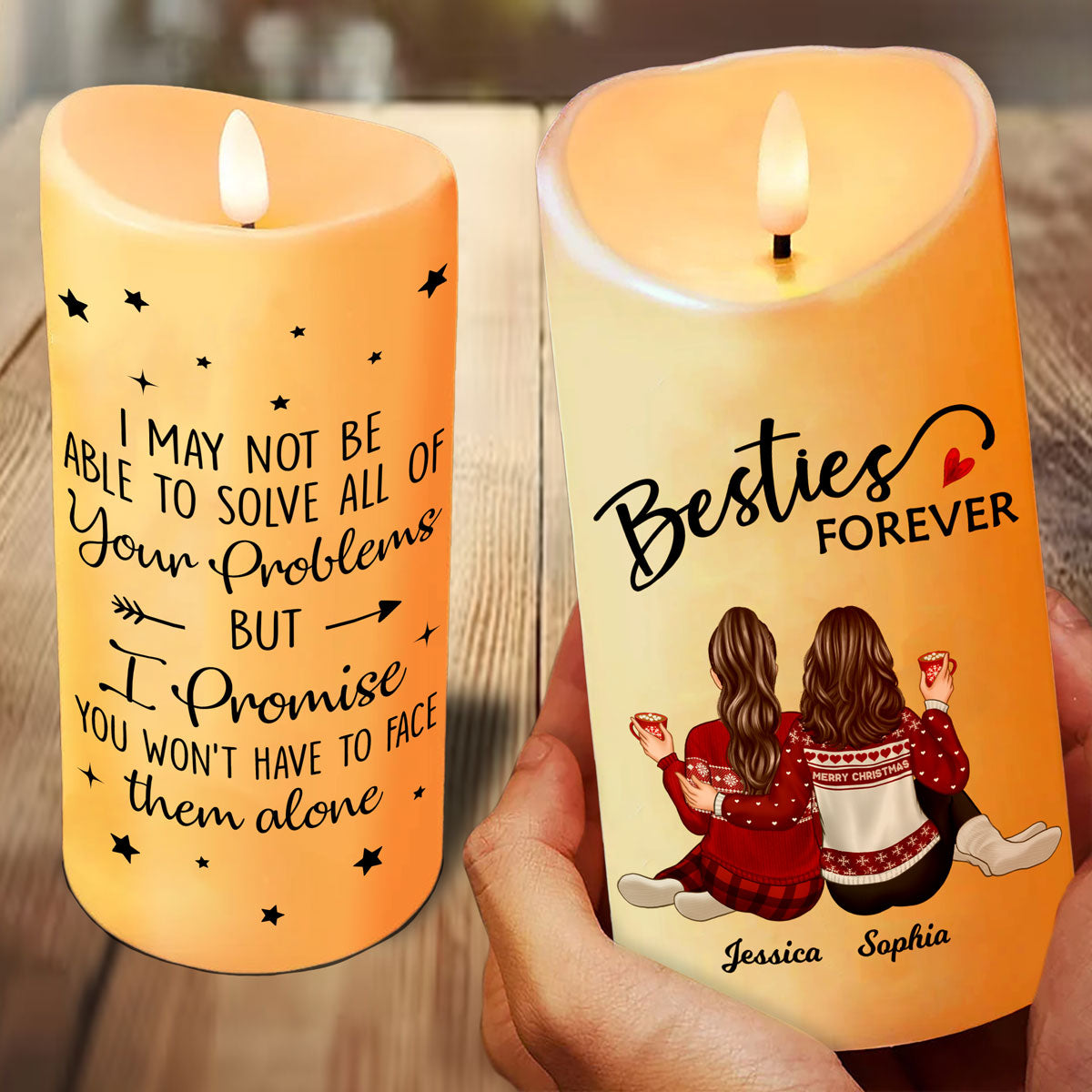 Besties Forever Message Christmas Besties Back View Personalized LED Candle