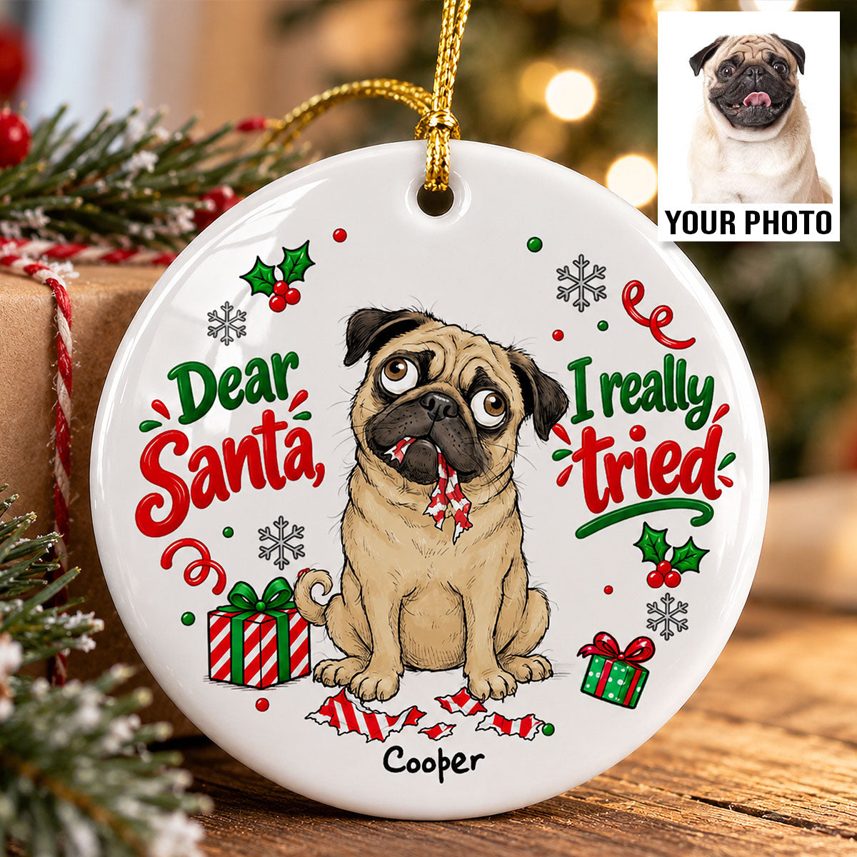 Santa I Can Explain Funny Guilty Dog Portrait From Your Dog Photo - Personalized Ceramic Ornament - Funny Christmas Tree Decor For Dog Lovers