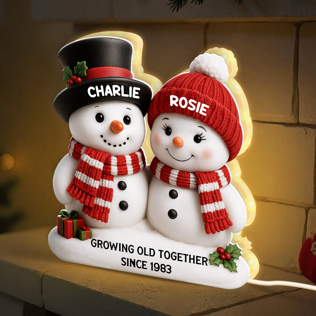Christmas Snowman Couple Growing Old Together - Personalized Light Box - Gift For Couple