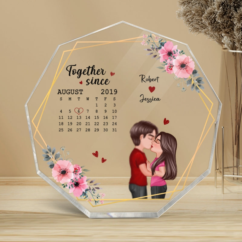 Floral Frame Doll Couple Kissing Calendar Personalized Acrylic Nonagon Plaque