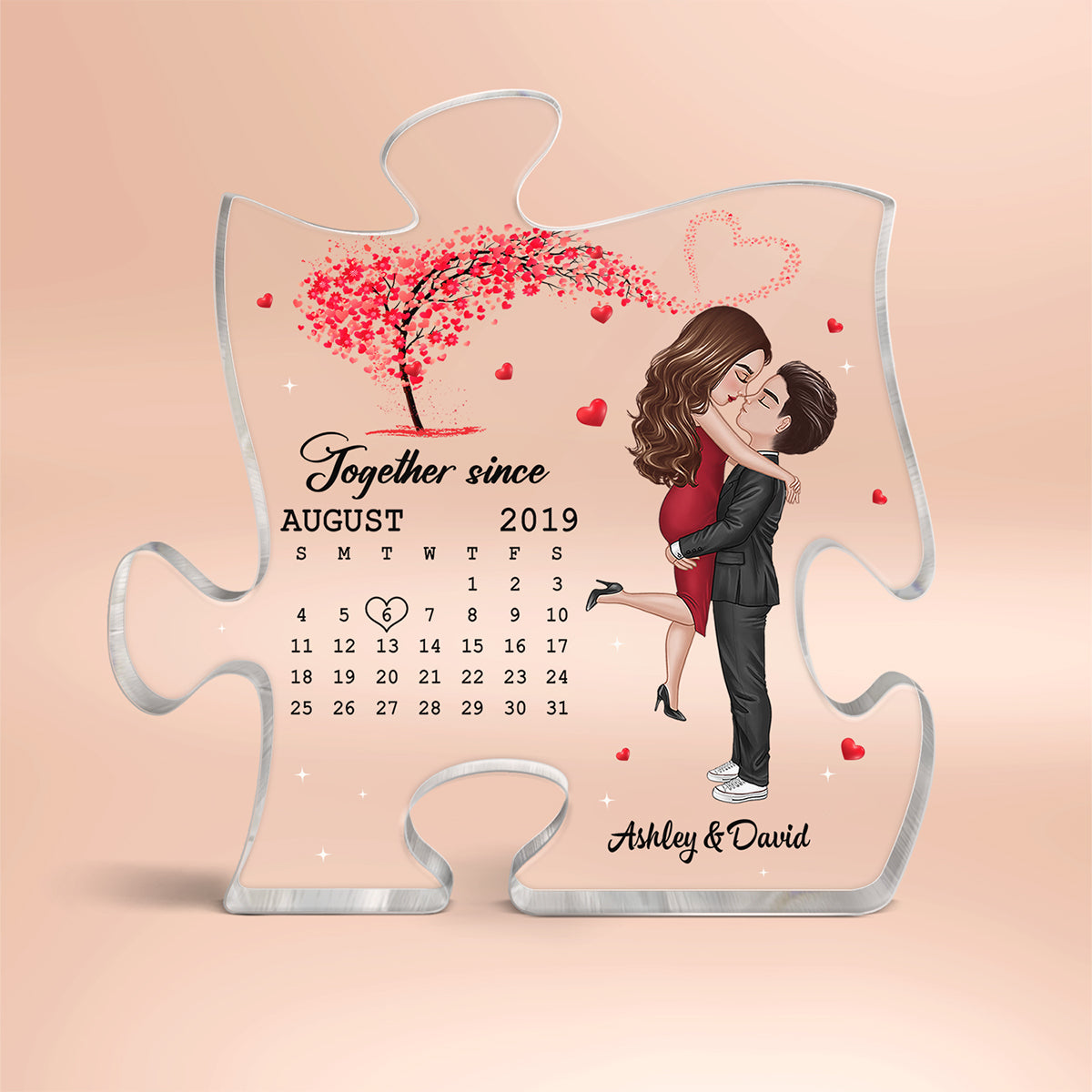 Doll Couple Hugging Kissing Under Red Heart Tree Calendar Anniversary Date Personalized Puzzle Acrylic Plaque