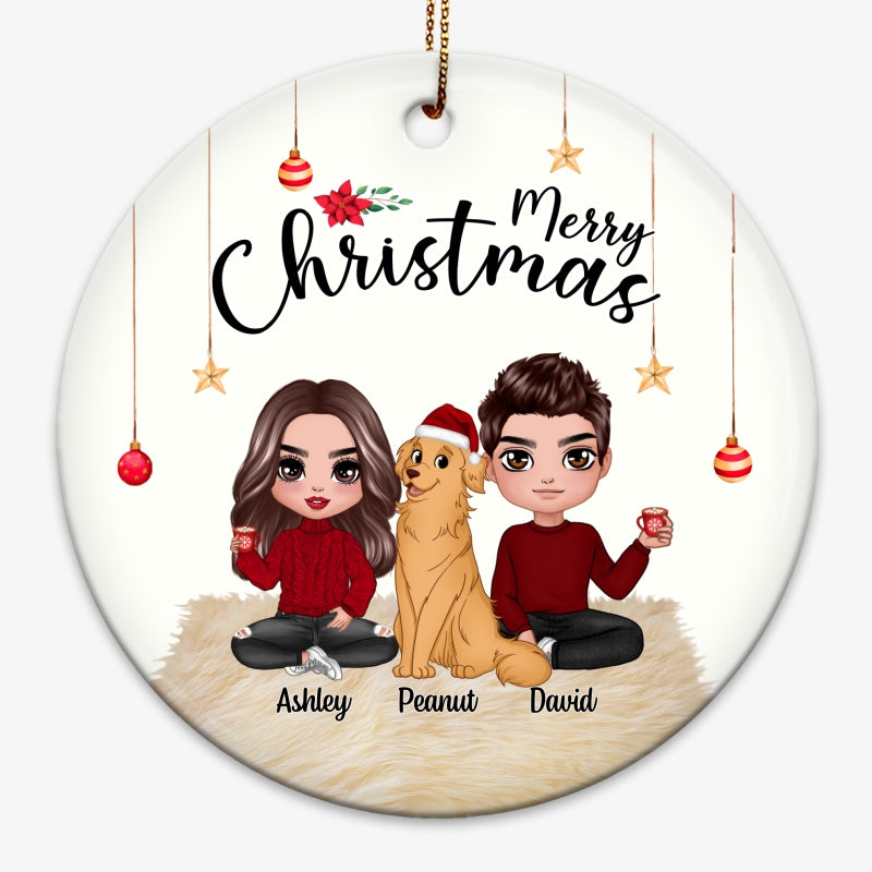 Doll Couple Sitting With Dogs Christmas Personalized Circle Ornament