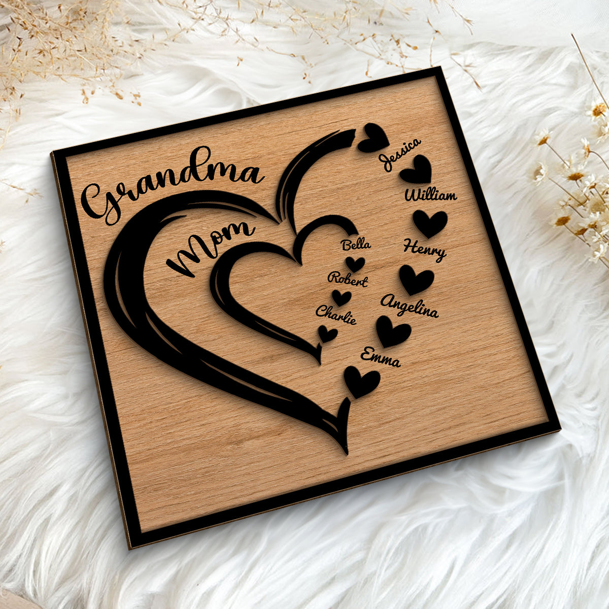 Grandma Mom Heart In Heart Personalized 2-layer Wooden Plaque, Gift For Mom