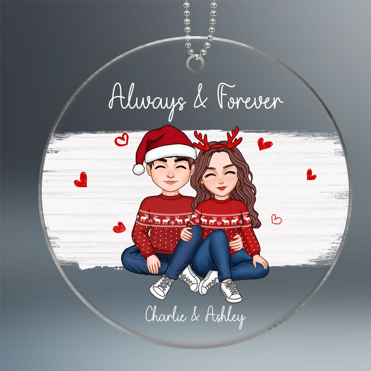 Watercolor Christmas Cute Couple Sitting Hugging Personalized Acrylic Ornament