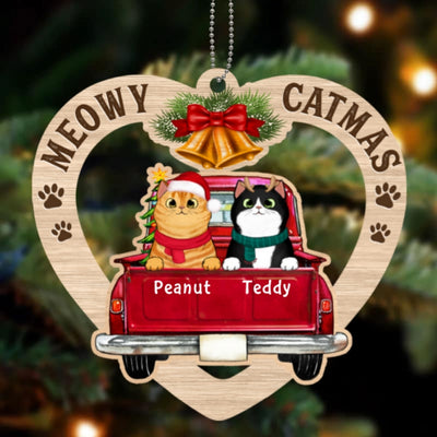 Heart Shape Peeking Cats In Christmas Truck Personalized Wooden Ornament
