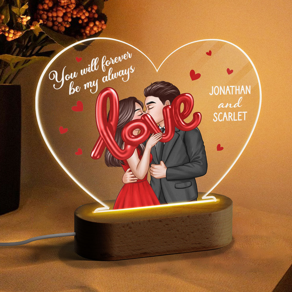 Elegant Couple Holding LOVE Balloon Personalized Heart LED Night Light