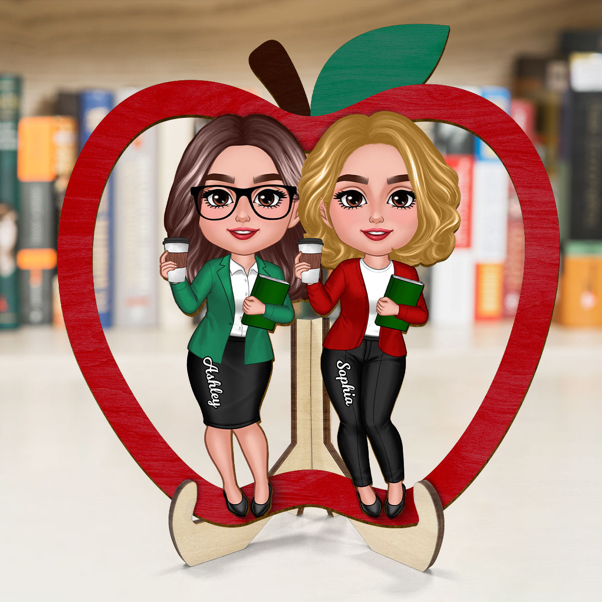 Doll Teacher Besties Colleagues Personalized 2-Layer Apple Shaped Wooden Plaque