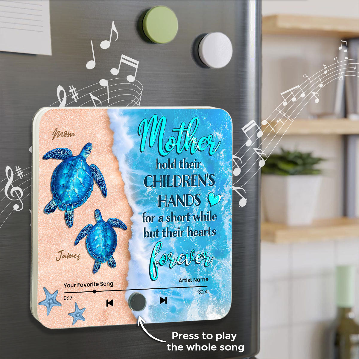 Mothers Hold Their Children's Hands Sea Turtle Personalized Music Fridge Magnet, Perfect 2025 Gift For Mom For Grandma
