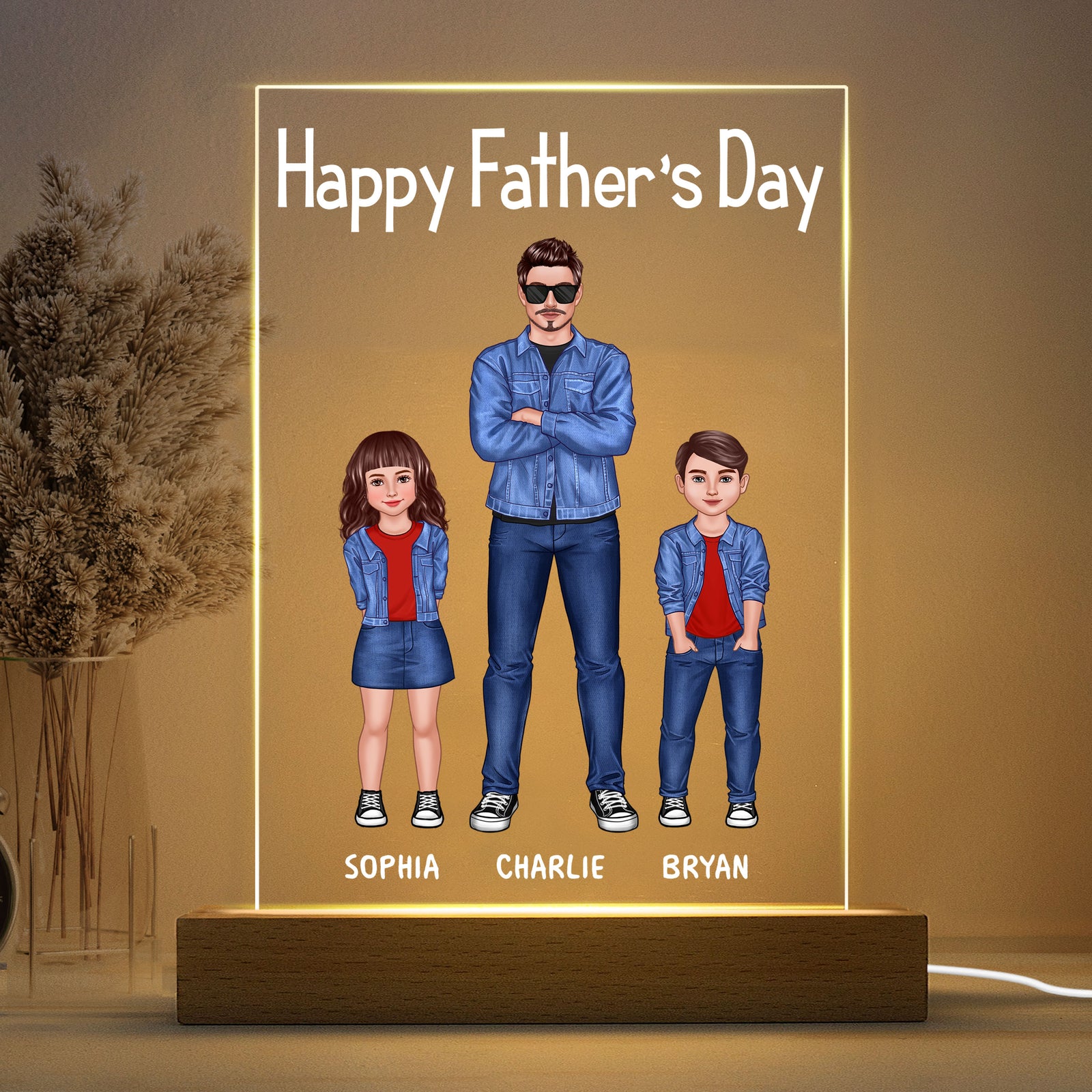 Dad And Kids Standing Front View Personalized Rectangle Acrylic LED Night Light