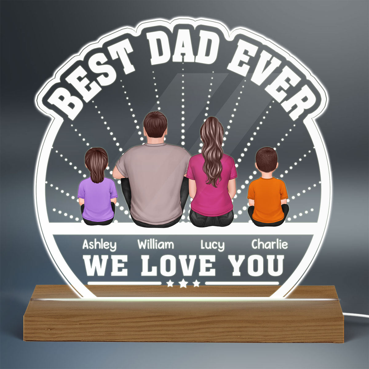 Best Dad Ever Back View Man Kids Dog Cat - Personalized Acrylic LED Night Light - Gift For Dad