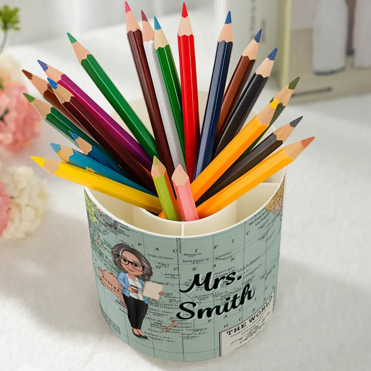 World Map Adventure Themed Doll Teacher Personalized Rotating Pen Holder