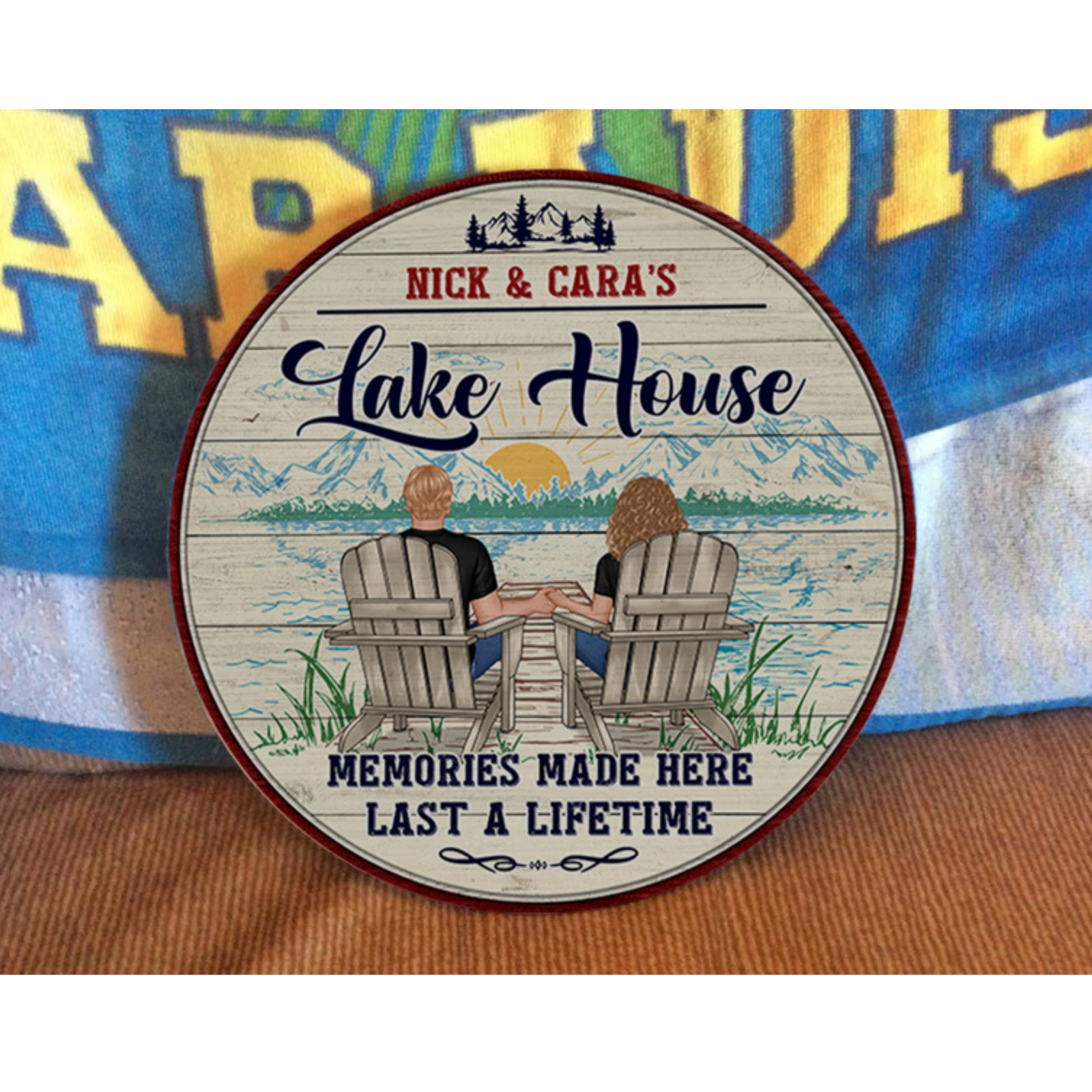 Memories Made Lake House Couple Sitting Personalized Wood Sign
