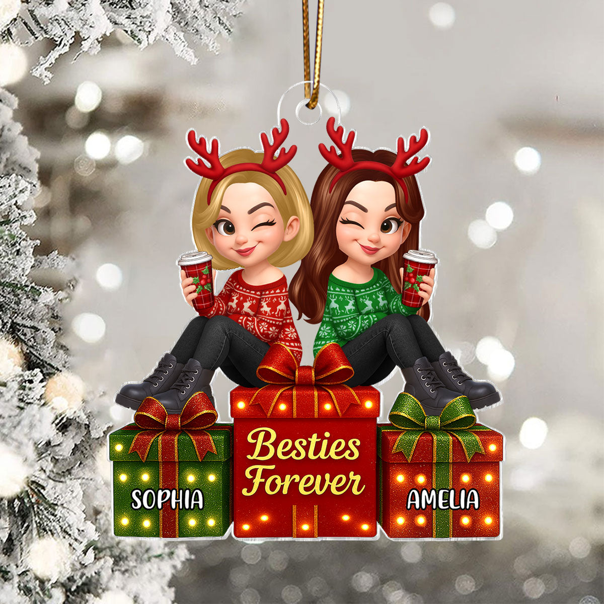 Besties Forever Beautiful Marquee Pattern Effect Gift Box Christmas - Personalized Acrylic Ornament