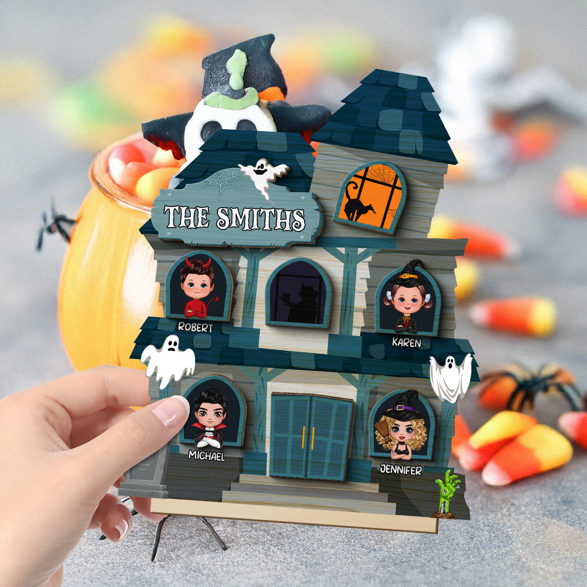 Halloween Spooky House Family Tabletop Tiered Tray Decor Personalized 2-Layer Wooden Stand