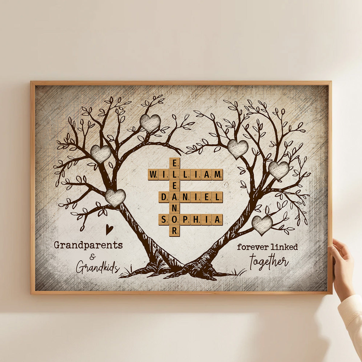 Grandparents & Grandkids Forever Linked Together Heart Tree Puzzle Crossword Art Personalized Poster, Gift For Grandparents, Grandma, Grandpa