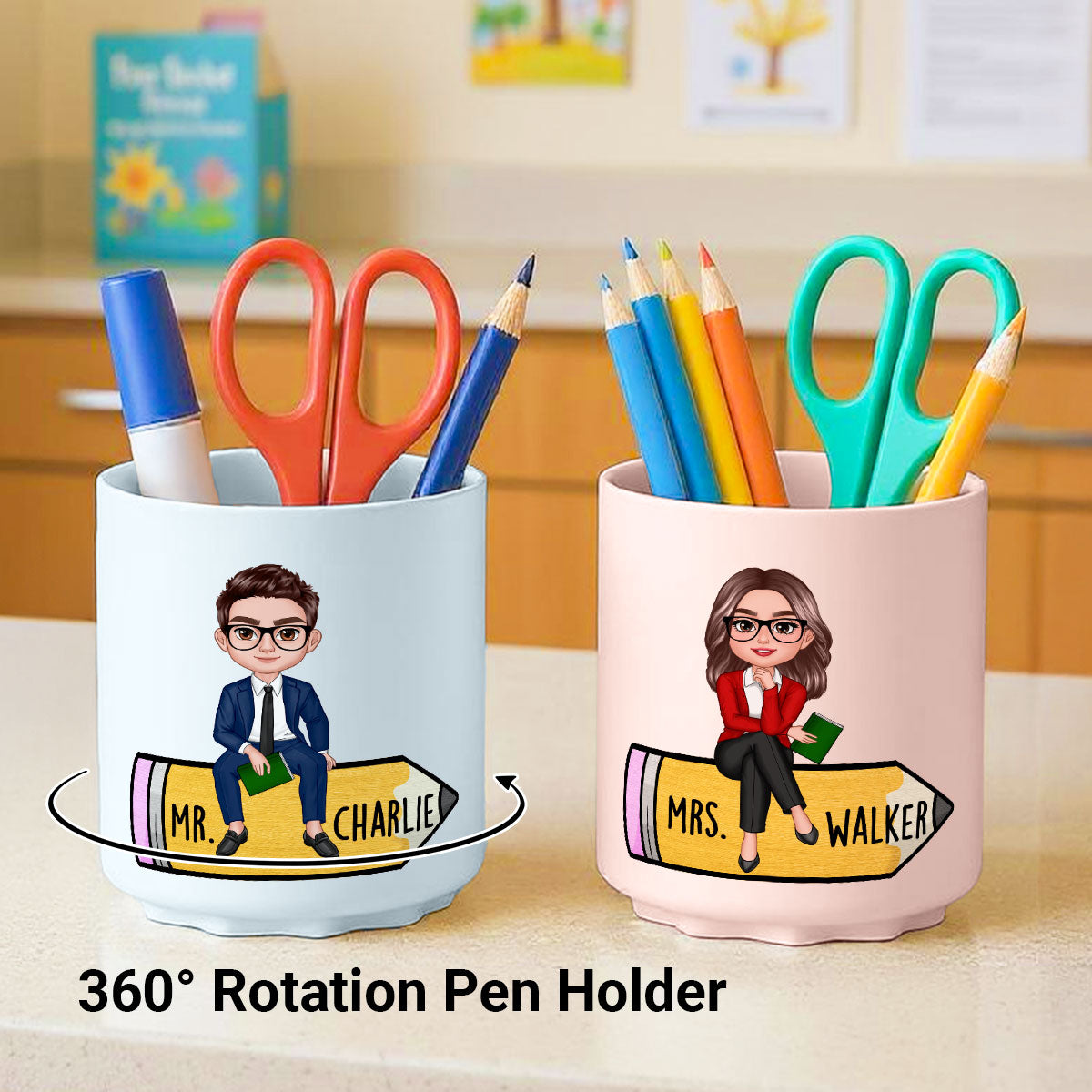 Teacher Sitting On Pencil Personalized Rotating Pen Holder, Back To School Gift, Teacher Appreciation Gift