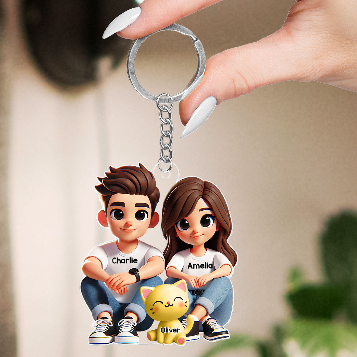 3D Effect Cute Couple And Dogs Cats Sitting Personalized Acrylic Keychain, Anniversary Gift,  gift