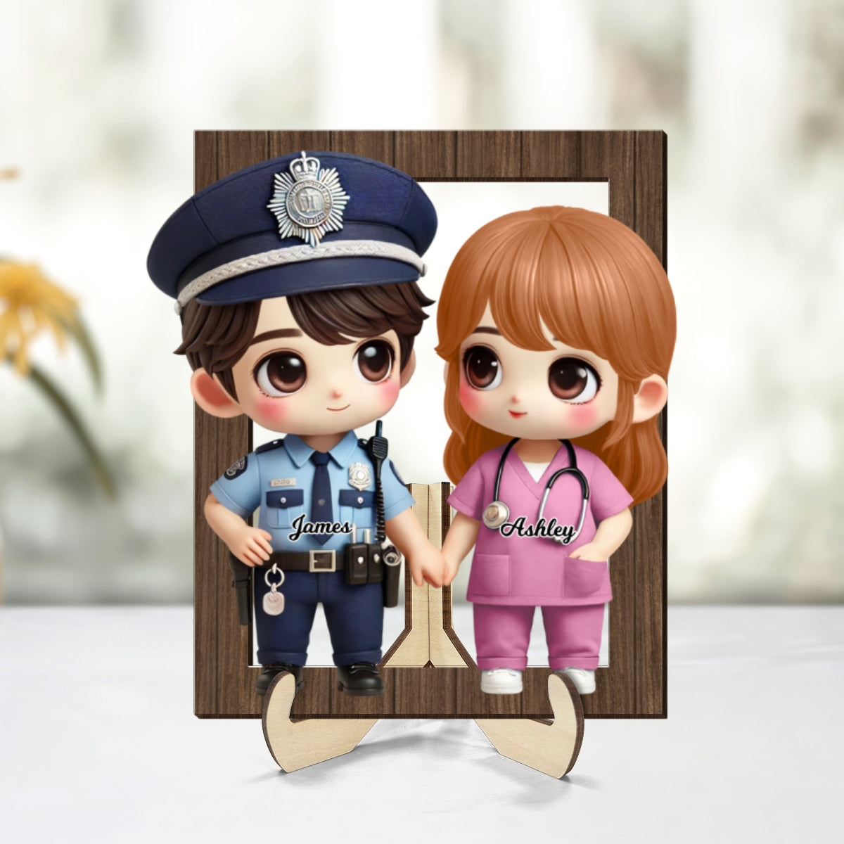 3D Effect Cute Cartoon Couple Gift by Occupation Gift For Her Gift For Him Personalized 2-Layered Wooden Plaque, Anniversary Gift For Couple
