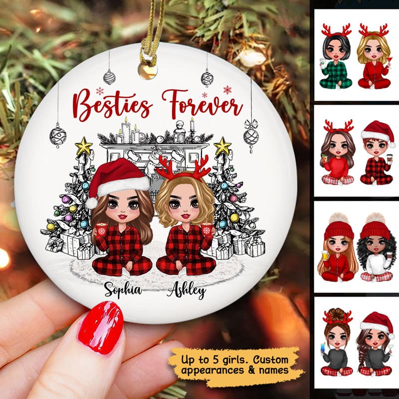 Christmas Outline Background Doll Besties Sisters Personalized Circle Ornament