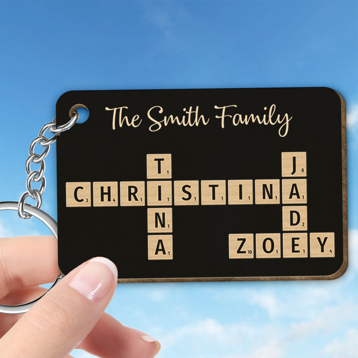 Family Forever Linked Together Crossword Puzzle Art Personalized Wooden Keychain, Christmas Gift For Brothers, Sisters, Siblings, Family