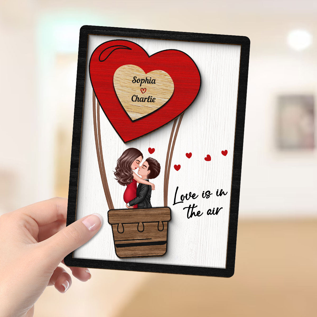 Couple Kissing On Air Balloon  Gift Personalized 2-layer Wooden Plaque