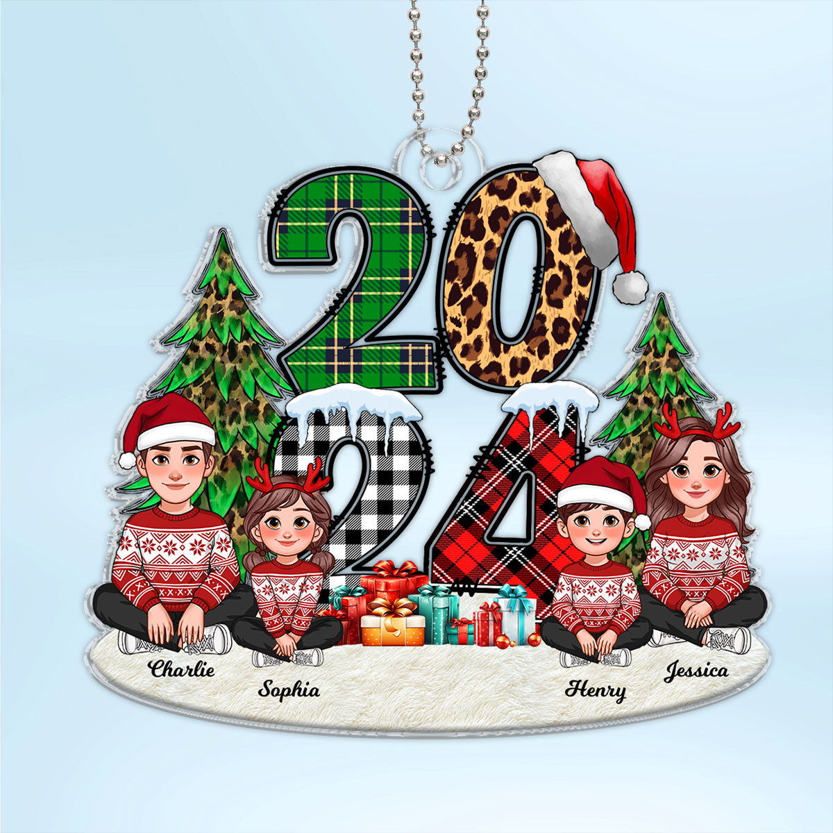 Christmas Animated Family Sitting 2024 Stacked Pattern Personalized Acrylic Ornament
