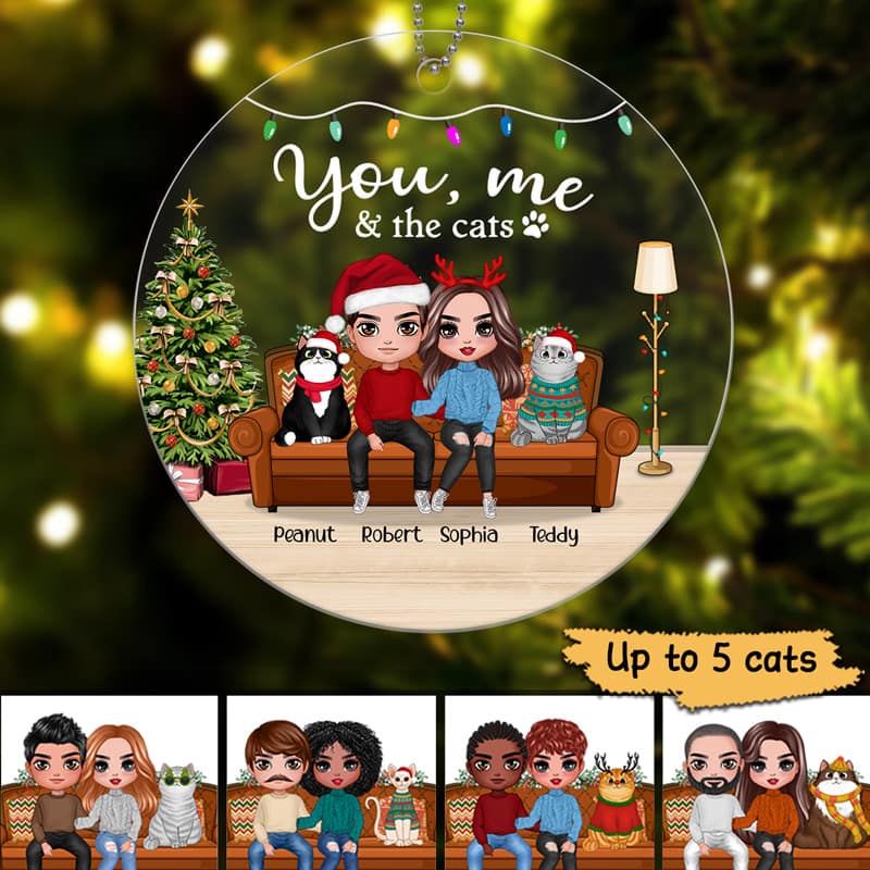 You Me & The Cats On Sofa Christmas Personalized Acrylic Ornament