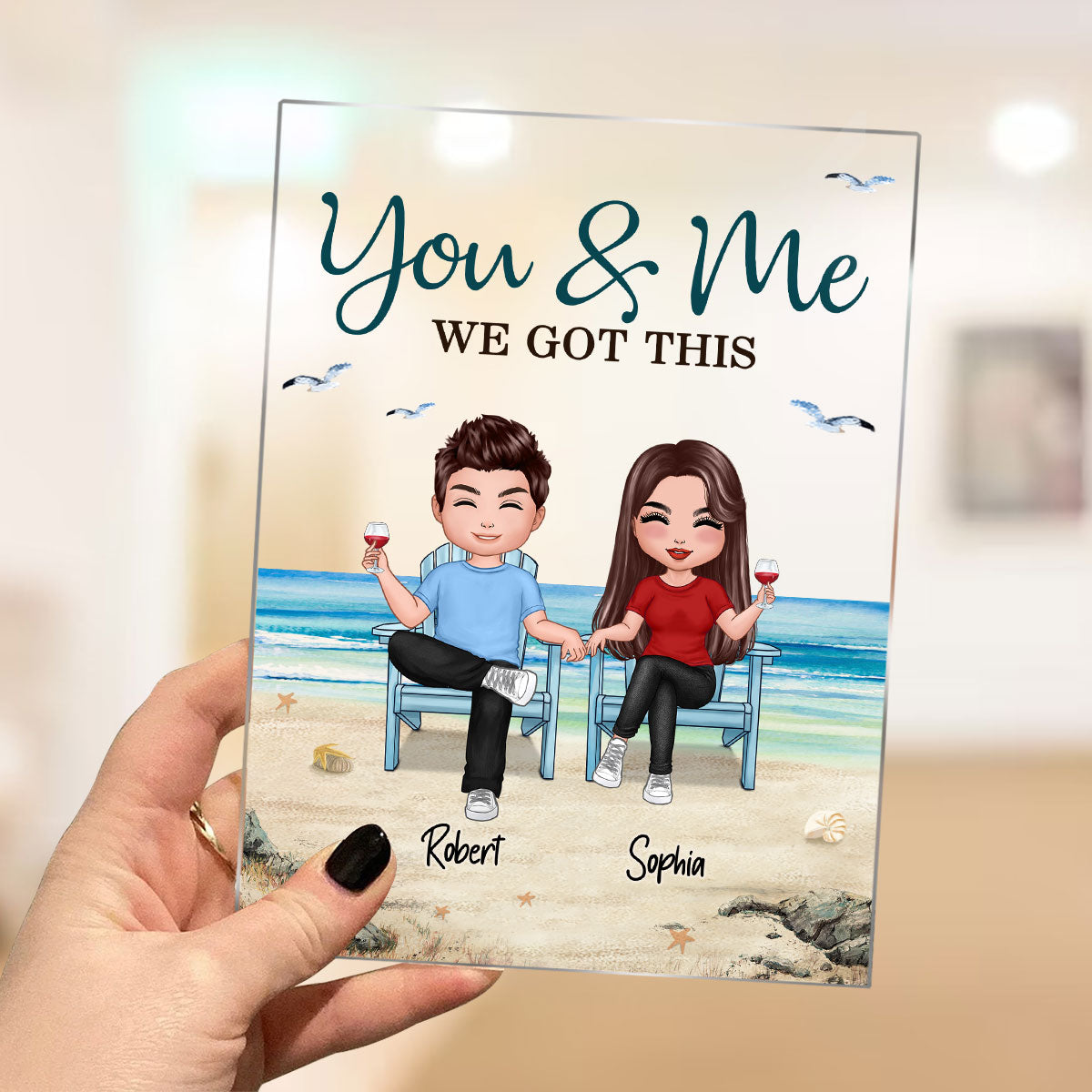 Front View Doll Couple Sitting Holding Hand Beach Landscape Personalized Acrylic Plaque