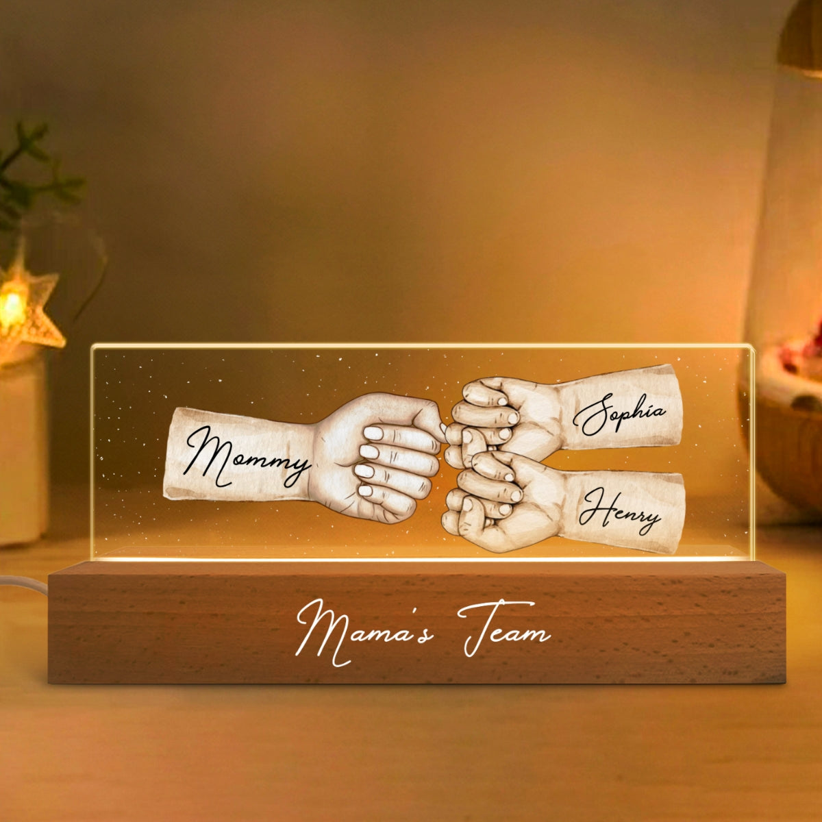 Mama's Team Fist Bump Personalized Acrylic LED Night Light, Gift For Mom, Grandma