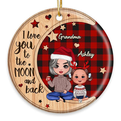Checkered Pattern Doll Grandma & Grandkid On Moon Personalized Circle Ornament
