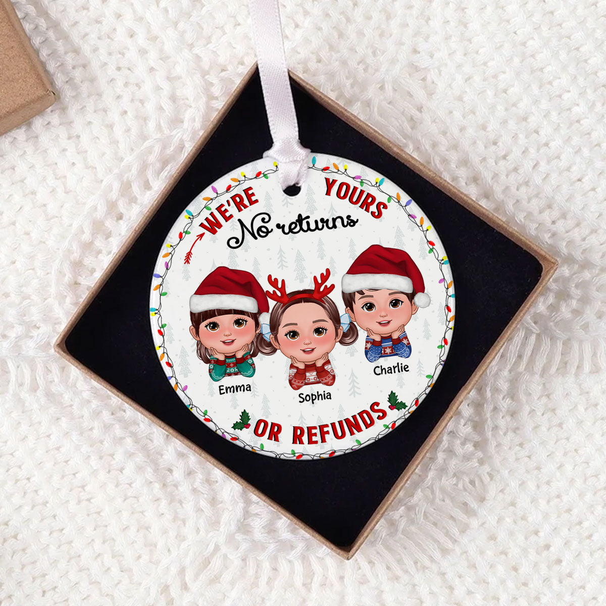 No Returns Or Refunds Grandkids Christmas Light Frame Personalized Circle Ceramic Ornament