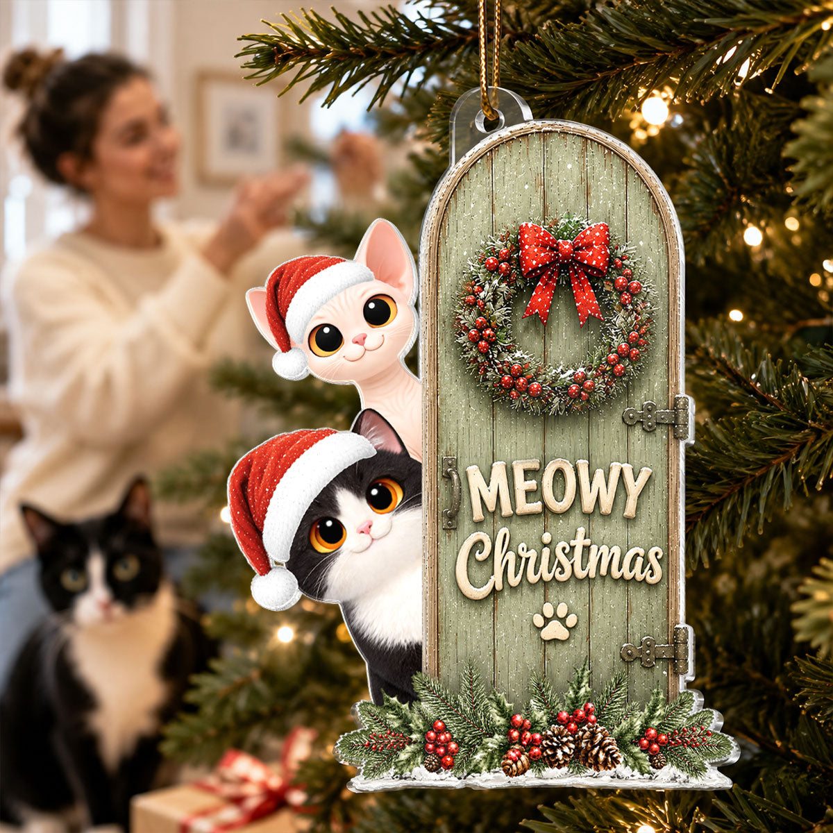 Meowy Christmas Cute Cats Peeking - Personalized Acrylic Ornament - Christmas Gift for Cat Lovers, Farmhouse Decor