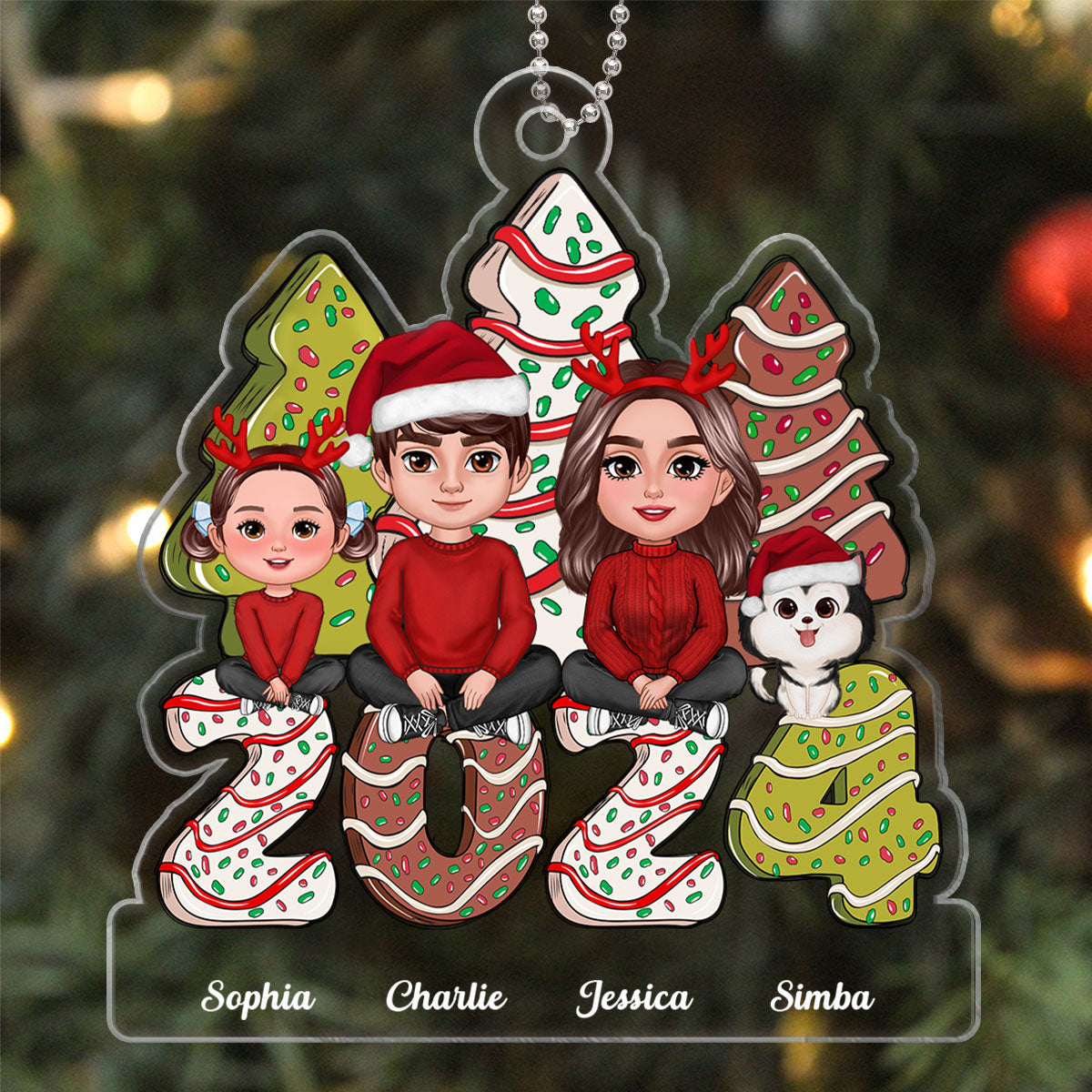Family Crossed Legs Sitting Christmas Tree Cake Patterned Personalized Acrylic Ornament