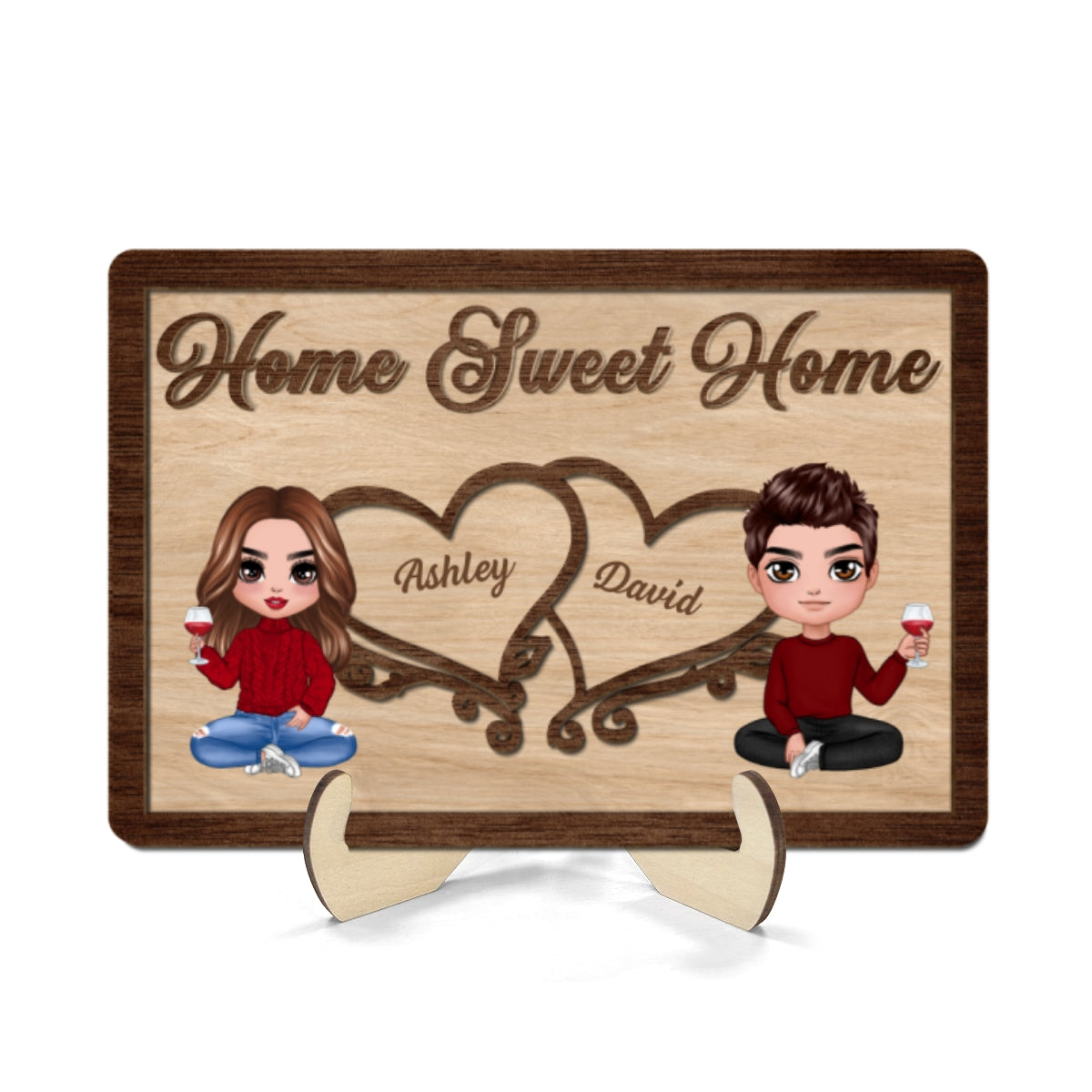 Doll Couple Sitting Home Sweet Home Valentine‘s Day Gift Personalized 2-Layer Wooden Plaque