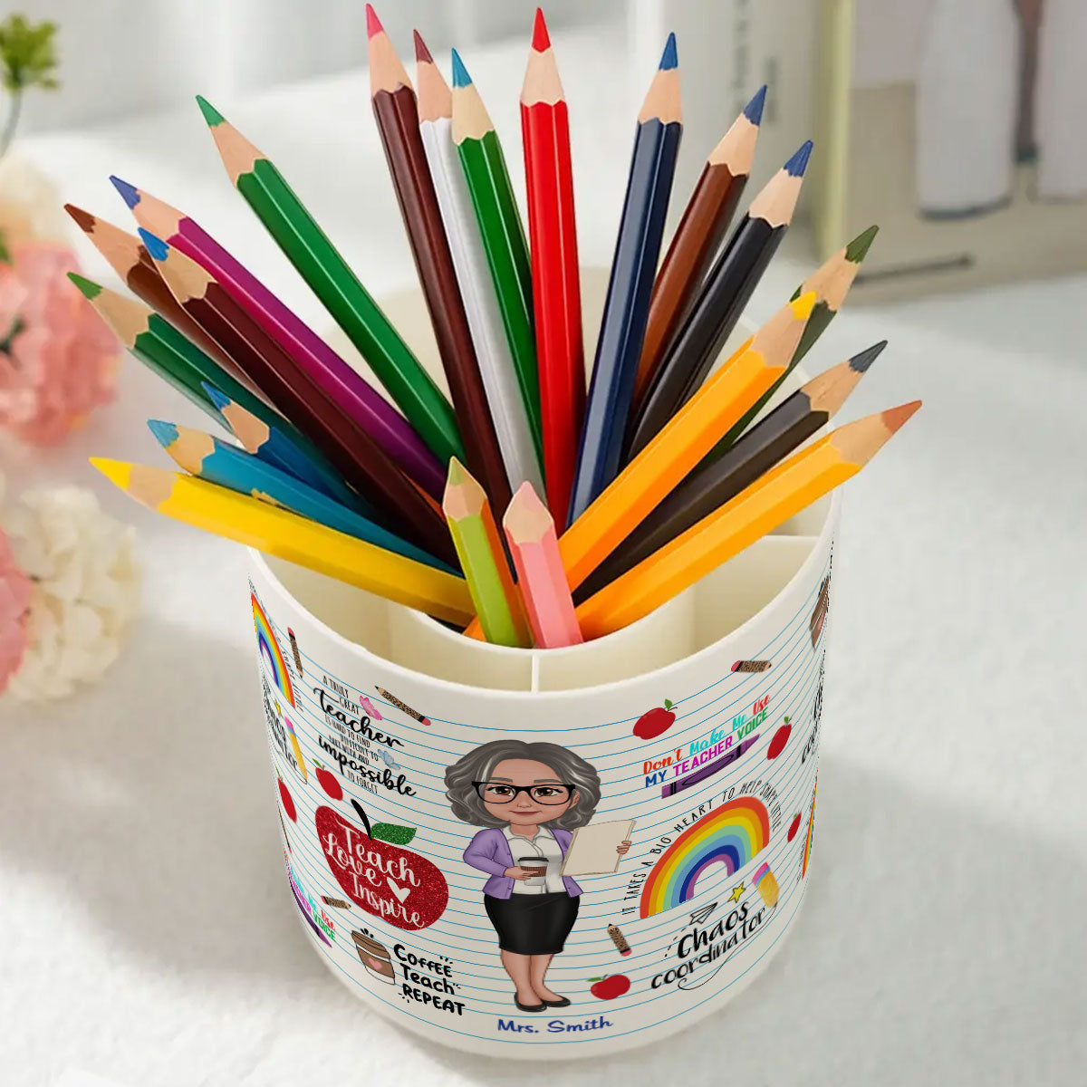 Teach Love Inspire Personalized Rotating Pen Holder, Back to School Gift for Teachers