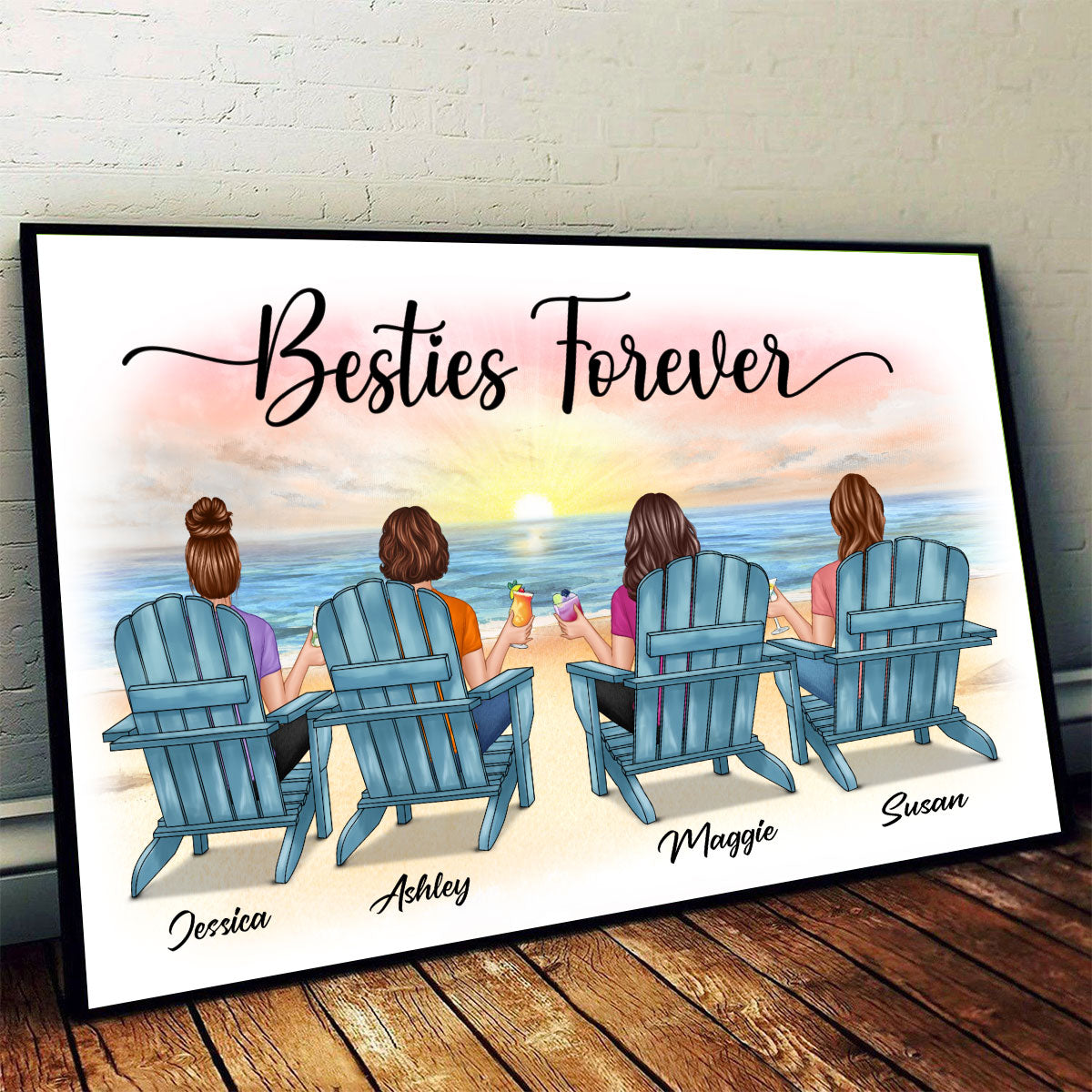 Beach Landscape Besties Sisters Back View Personalized Horizontal Poster
