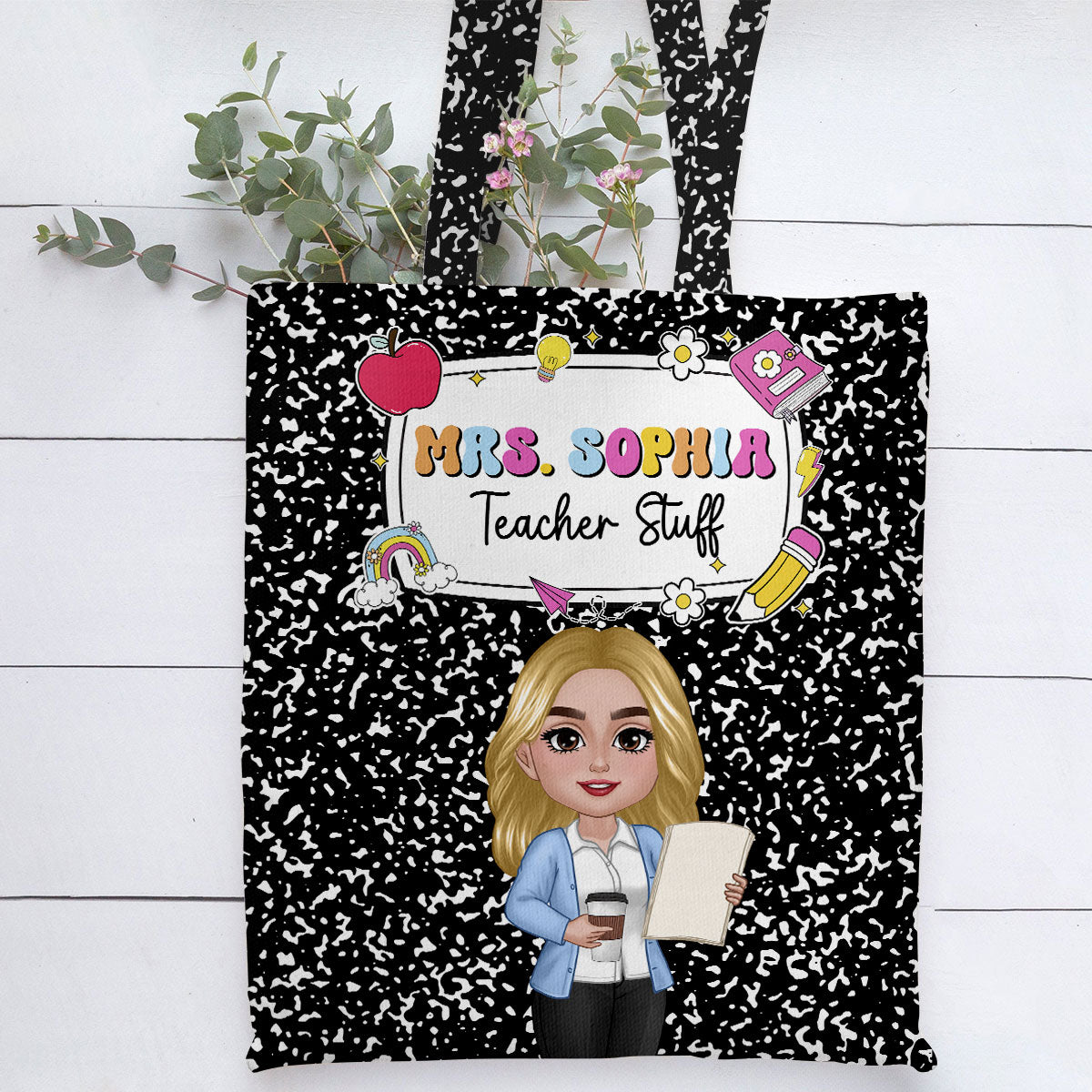 Teacher Composition Book Pattern Personalized Tote Bag, Back To School Gift For Teacher